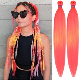 Ombre Pink-Yellow Braiding Hair Extension, 28 Inches Pre Stretched Braiding Hair for hair Braids,2 Packs Yaki Texture Synthetic Braid Hair