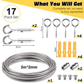Wire Rope Trellis Set, 5 m x 2 mm Stainless Steel Wire Rope, Steel Cable with Eyelets and Hooks, Rope Tension Set - for String Light Suspension, Curtain Rope, Climbing Plants, Shower Curtain Rope - 17