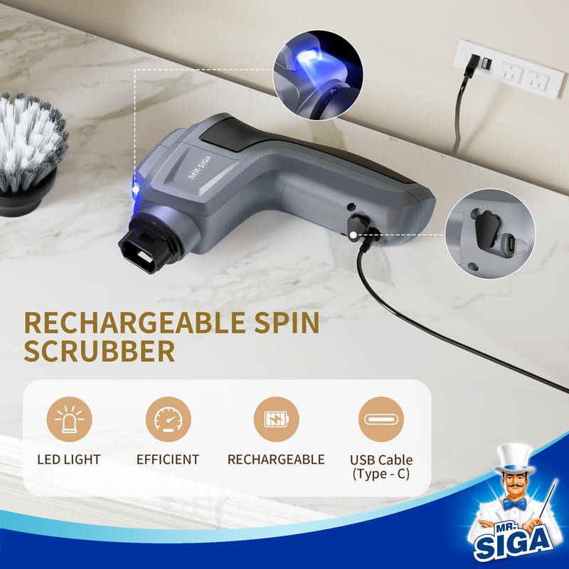 MR.SIGA Electric Spin Scrubber for Kitchen and Bathroom Cleaning, Waterproof