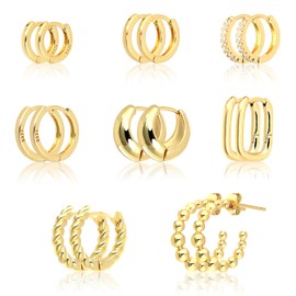 GTNCE 8 Pairs 18K Gold-Plated Chunky Earrings, Golden Hoop Earrings for Women, Hypoallergenic Stud Earrings Set, Chunky Stud Earrings for Women, Elegant Gold Earrings, Women, Large Hoop Earrings,