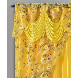 GOHD Roman Romance. Burnt-Out Printed Organza Window Curtain Treatment. Choice of 2pcs Curtain with Backing Set, 2pcs Organza Curtain, 1pc Valance (Yellow, 55 x 84 inches + Attached Valance x 2pcs)