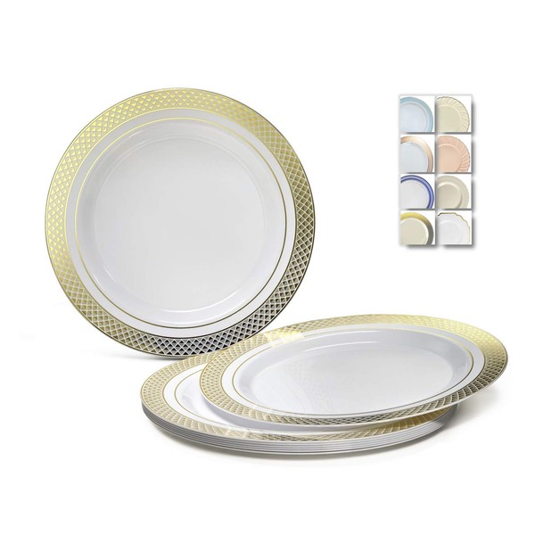 " OCCASIONS" 60 Plates Pack, Heavyweight Disposable Wedding Party Plastic Plates (10.5'' Dinner Plate, Celebration White & Gold)