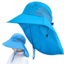 Cysocool Children's UV Protection Safari Sun Hat with Neck Protection 4-13 Years Girls Boys Summer Hat with Wide Brim UPF 50+ Child Sun Protection Boonie Hat Junior Beach Cycling Legionnaire Cap, blue