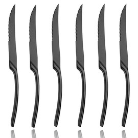 Lemeya Stainless Steel Black Steak Knives Set of 6,Forge Steak Knife,Serrated Steak Knives Set,6 Piece Heavy Steak Knives-10 inch,Mirror Polished,Dishwasher Safe