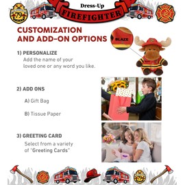 DolliBu Sitting Moose Firefighter Stuffed Animal with Name Personalization - Super Soft Moose with Red Fireman Costume Outfit and Fireman Hat, Cute Fire Fighter Doll Plush Toy for Kids - 6 Inch