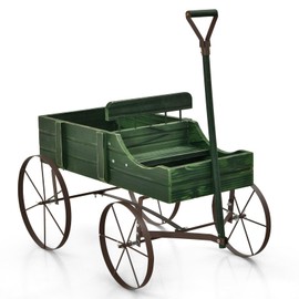 FIREFLOWERY Wooden Wagon Planter, Decorative Flower Pots w/ 2 Planting Sections, Wheels & Handle, Rustic Farmhouse Garden Planter Box for Patio, Yard, Porch (Green)