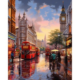 London Street Landscape Paint by Numbers Kits 16x20 inch Canvas DIY Oil Painting for Kids, Students, Adults Beginner with Brushes and Acrylic Pigment - Bus Town Bell Scenery Photo Gift(without Frame)