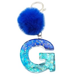 Xsclpomddy Girls Alphabet Letter Key Ring Cute Keyring Glitter with Pom Pom Tassels Resin Blue Keychain for Bag Charm, G
