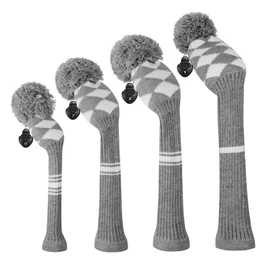 Scott Edward Golf Club Head Covers Set of 4 Grey White Argyles, Acrylic Yarn Double-Layers Knitted, with Rotatable Number Tags