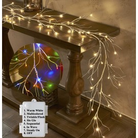 LITBLOOM Lighted Birch Garland Battery Operated with 8 Functions 48 Multi-Color and Warm White Lights, Pre-lit Twig Vine Lights 6FT for Home Bedroom Wall Mantle Decoration