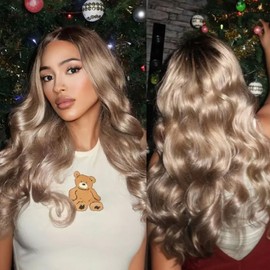 Vlusee Ash Blonde Wig Human Hair with Ombre Brown Roots 13x6 HD Body Wave Lace Front Wigs Human Hair 200 Density Pre Plucked Lace Frontal Wigs for Women 26 Inch