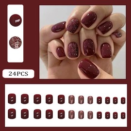 RUPOFUZA Short Press on Nails Square Fake Nails 24Pcs Red False Nails with Solid Colour&Glitte Powder Designs Acrylic Nails Press ons Artificial Nails Stick on Nails for Women