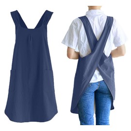 losofar Soft Cotton Linen Apron Cross Back X-Shaped Japanese Style Pinafore Dress for Cooking, Housewarming, Daily Chores (darkblue, (28.3"x 35.4"))