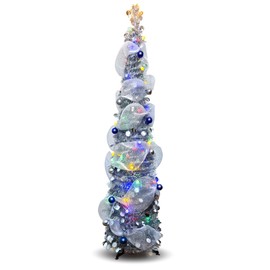 5FT Pop-Up Christmas Tree with 10-inch X 1.6 Feet Metallic Mesh Ribbon, Multi-Color 50 LED String Lights，10 Decorative Balls for DIY, Ideal for Indoor/Outdoor Christmas Decoration
