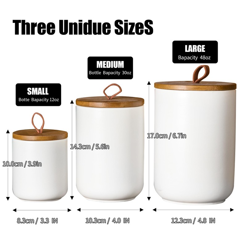 JOJUNO White Ceramic Canister Set with Wooden Lid, 3-Piece Airtight
