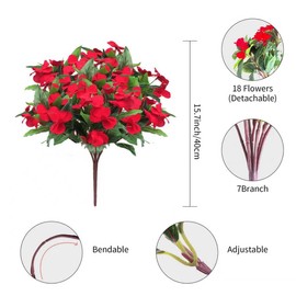 5 Pcs Artificial Fall Impatiens Flowers for Outdoors, Silk Faux Flowers for Outdoors,UV Resistant, Balcony Decoration and Indoor Decor(Red)