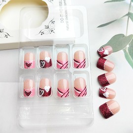 Valentines Press on Nails Short Square Pink Glitter French Tip Fake Nails with Love Heart Design Dotted False Nails Valentine Glitter Glue on Nails Heart Artificial Stick on Nails for Women Girls