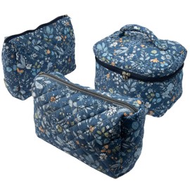 Sparkle Being Whispering Flowers Quilted Cotton Cosmetic Zipper Pouch, Large Capacity Makeup Accessories Storage Bag for Women Girls, Aesthetic Coquette Travel Toiletry Organizer (Set of 3)