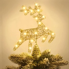 JOICEE Christmas Reindeer Tree Topper,Christmas Gold Hollow Glitter Tree Topper with LED Lights for Christmas Tree Decoration, Big Xmas Tree Top for New Year Holiday Decorations.
