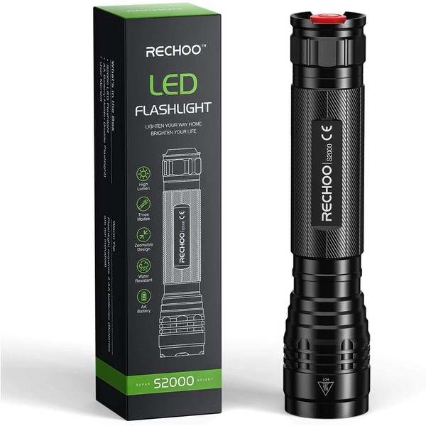 RECHOO LED Torch, 3000 Lumen Super Bright Torches - 3 Modes, Long Working Time, Zoomable and IP67 Waterproof - Powerful Flashlight for Fishing Camping Emergency