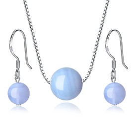 COAI Women's Jewellery Sets 925s Gemstone Necklace and Earrings, Chalcedony Blue, Chalcedony