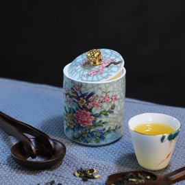 Bicuzat Enamel Ceramic Tea Caddy Tea Canister Tea Storage Container Tins Jar with Airtight Lid Water-proof Tank for Tea, Coffee, Herb, Sugar, Spice, Nuts