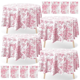 Ganeen 12 Pcs Pink Floral Plastic Tablecloth Floral Round Tablecloths Vintage Flower Tablecloth Disposable Round Floral Waterproof Table Covers for Birthday Wedding Baby Shower Decoration Party Favor