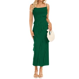 OULESIS Formal Dresses for Women 2025 Summer Elegant Classy Sleeveless Ruched Cowl Neckline Pullover Ruffle Asymmetrical Mesh Solid Color Bodycon Long Wedding Guest Dresses Beach Vacation Clothes