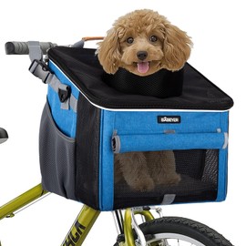 BABEYER Dog Bike Basket, Soft-Sided Pet Bike Carrier with 4 Mesh Windows for Small Dog Cat Puppies - Blue
