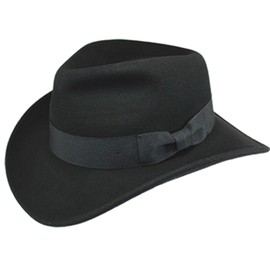 Epoch hats Indiana Jones Style Men's Wool Felt Outback Fedora with Grosgrain or Faux Leather Band (S/M, HE01BLACK)