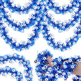 Hanukkah Tinsel Garlands, 50 Ft Hanukkah Decorations Tinsel Garland with Star of David Silver Ornaments Blue Metallic Streamers for Home Indoor Outdoor Chanukah Party Supplies