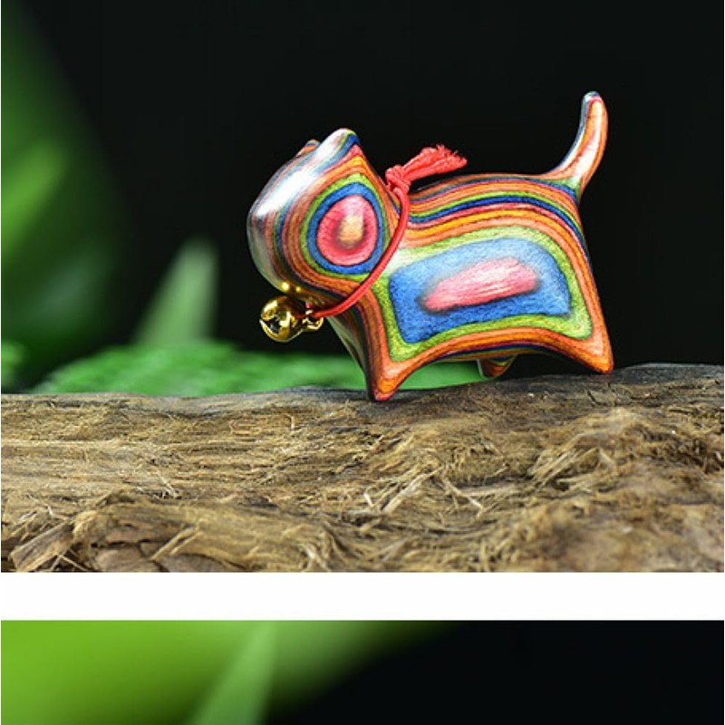 HLbshi Handmade Rainbow Wooden cat Figurine Animal Carving Statue Office