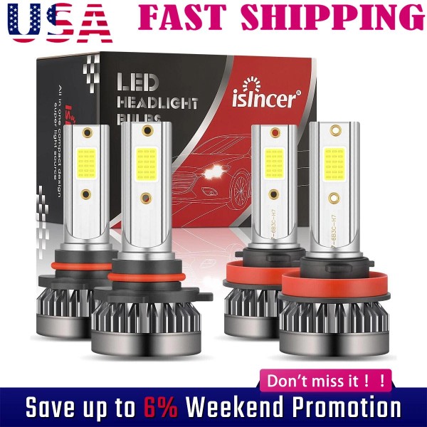 ISINCER 4x 9005+H11 LED Headlight Bulbs Combo 6000K White High