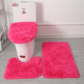 Lifup 3 PCS Non Slip Shaggy Bathroom Rug Set, U-Shaped Contour Toilet Rug Water Absorbent Bathroom Mat Toilet Lid Cover Fuchsia