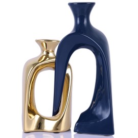 PlivBloom White and Gold Ceramic Vases,Pottery Decor Aesthetic Pampas Grass Vase,Midcentury Modern Decor Boho Vase,Unique Donut Vase for Coffee Table Centerpiece,Entry Table Decor (Blue Gold)