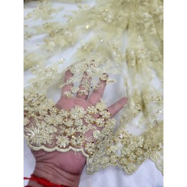 divastyletextiles Pale Yellow Wedding Prom Formal Beaded Lace Fabric - BTY Double Border Scallops
