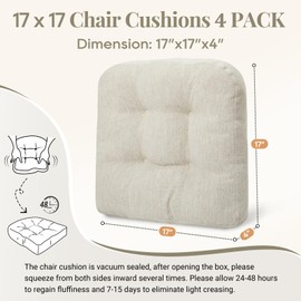 Basic Beyond Chair Cushions for Dining Chairs, Non-Slip Chair Pads, Thick Seat Cushions for Dining Room Chairs, Kitchen Chair Cushions Set of 4, 17" x 17" x 4", Beige