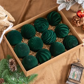 Christmas Balls Ornaments, 12 Pcs Green Bulk Flocked Christmas Tree Ornaments, Multicolor Xmas Tree Decorations for Christmas Tree Holiday Wreath Garland Decor Ornaments (Blackish Green, 3.15 Inch)