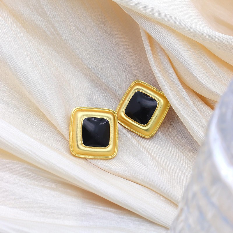Chunky Black Gold Earrings for Women,Vintage Large Oval Square Statement