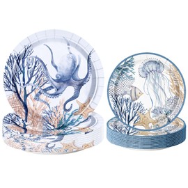 WRAPAHOLIC 50Pcs Ocean Paper Plates - 9" and 7" Octopuses Jellyfish Disposable Plates Decorative Dinner Plates for Party Tableware Supplies Table Decor