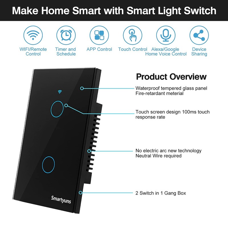 Smartyuns WiFi Smart Light Switch, Tempered Glass Panel Touch Light
