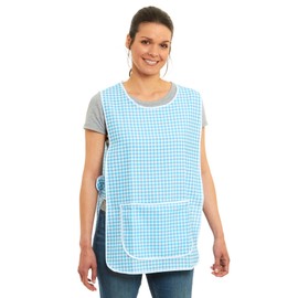 Ladies Gingham Design With Piping Tabard Apron Overalls Front Pocket Stylish Tabards for Women Casual Aprons for Women to Use in Home Kitchen Restaurants Coffee Shops UK Made (Aqua, L)