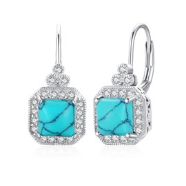 BDL Square Genuine Turquoise Leverback Earrings Sterling Silver Dangle Drop Jewelry for Women