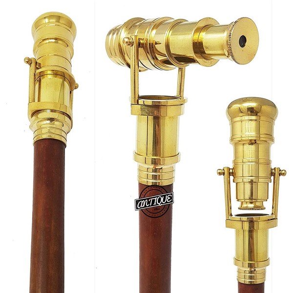 Brass Victoria Handle Telescope Foldable Wooden Walking Stick Cane Ideal Vintage Gifts for Men Women Father/Mother (Telescope)