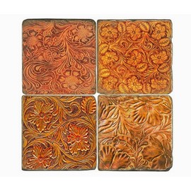 Studio Vertu, Set of 4, Tooled Leather Tumbled Botticino Marble. 4.25" Coasters