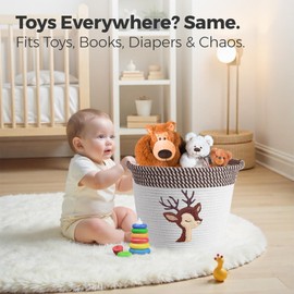 Deer Storage Basket for Nursery – Large 15”x11” Cotton Rope Bin with Soft Felt Animal Patch – Toy Organizer, Baby Laundry Hamper, Diaper & Towel Holder – Foldable, Washable & Baby-Safe