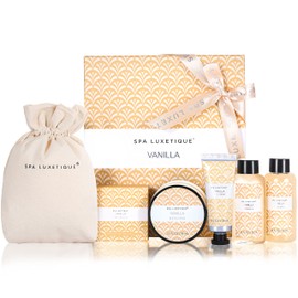 SPA LUXETIQUE Bath Gift Set for Women - Care Set Vanilla Fragrance with 6 Pieces in Travel Size Shower Gel, Body Lotion, Bubble Bath, Hand Cream, Canvas Bag with Drawstring, Bath Travel Set for