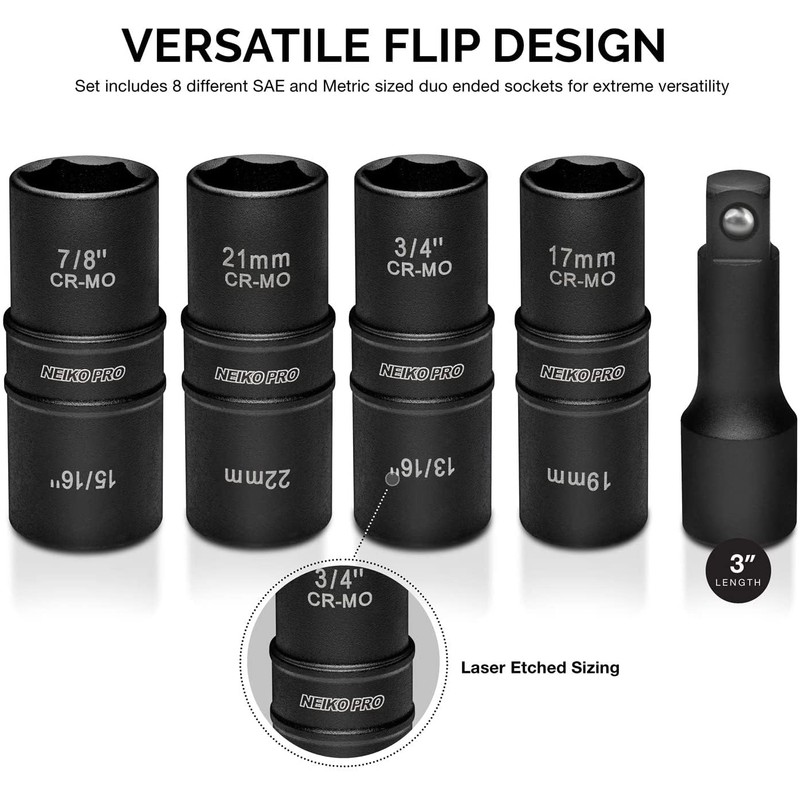 NEIKO 02282B 1/2-Inch-Drive Impact Socket Set, Flip Socket Set, Chrome