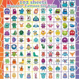 UVUXO 102 PCS Individually Wrapped Monster Temporary Tattoo for kids - Cute Little Monster Temporary for Girls Boy Body Arm Shoulder Cute Tattoos Stickers, Birthday Party Supplies Gifts for Kids