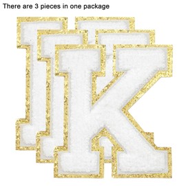 TACVEL 3PCS Chenille Letters Patch, Iron on Large Size Varsity Glitters Letter Patches for Team Costume Decoration, Height 4-1/2In, White Letter K